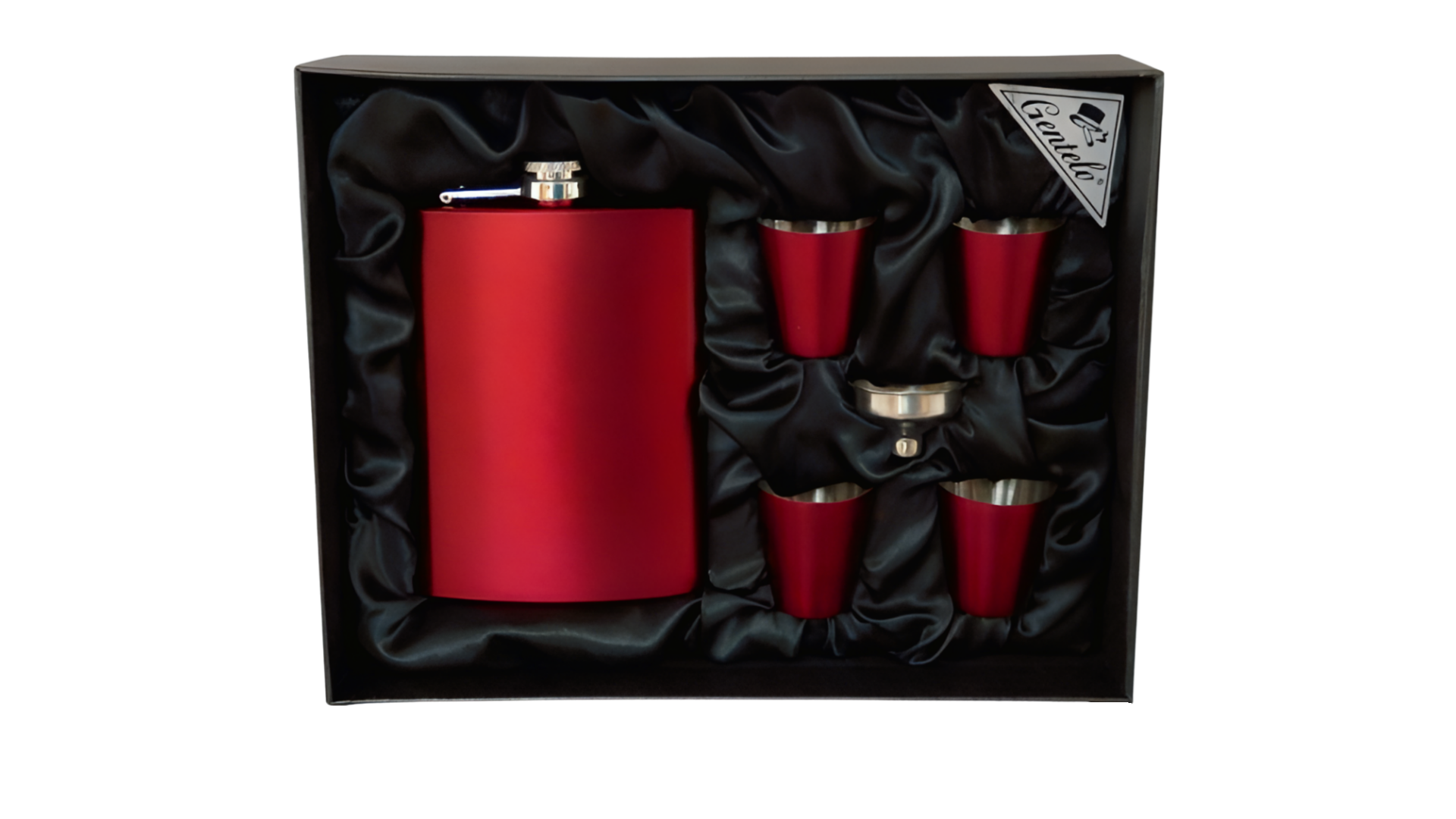 Červená nerezová ploskačka , 4 ks poháre a lievik v darčekovej krabičke